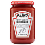 Heinz Tomato Sauce for Bolognese in a glass jar with a red label, perfect for pasta and meat sauces.