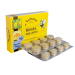 Airborne Manuka and Lemon Lozenges, natural confectionery snacks with lemon flavor and Manuka honey, in a clear plastic package.