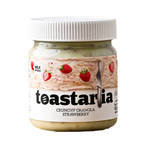 Toastaria Crunchy Granola with strawberry spread in a jar, showing a spoonful of the crunchy granola and fresh strawberries inside.