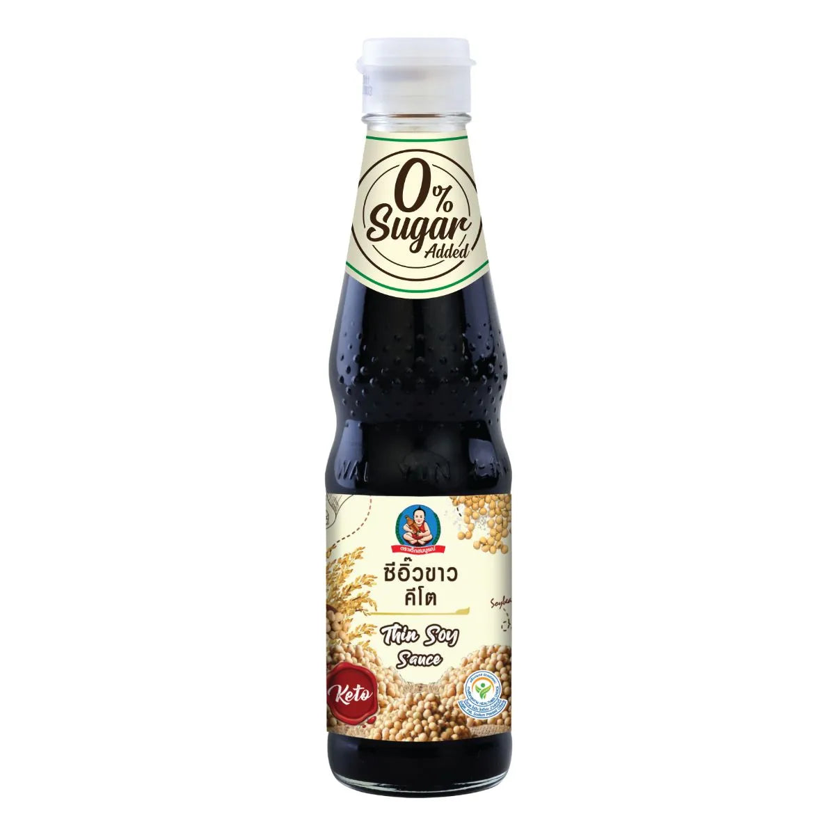 DEKSOMBOON Keto Thin Soy Sauce 300ml bottle, showing the dark soy sauce in a clear glass bottle with a label and cap.