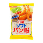 Nisshin Panko Japanese-style crispy bread crumbs for cooking, in a clear container showing golden, flaky crumbs.