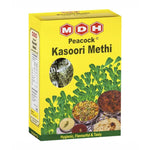 MDH Peacock Kasoori Methi 100g dry grocery pack with dried fenugreek leaves in a clear plastic bag.