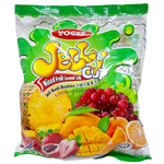 Yogee Mixed Fruit Coconut Jelly in clear container, showing colorful fruit-flavored coconut jelly pieces for confectionery snacks.