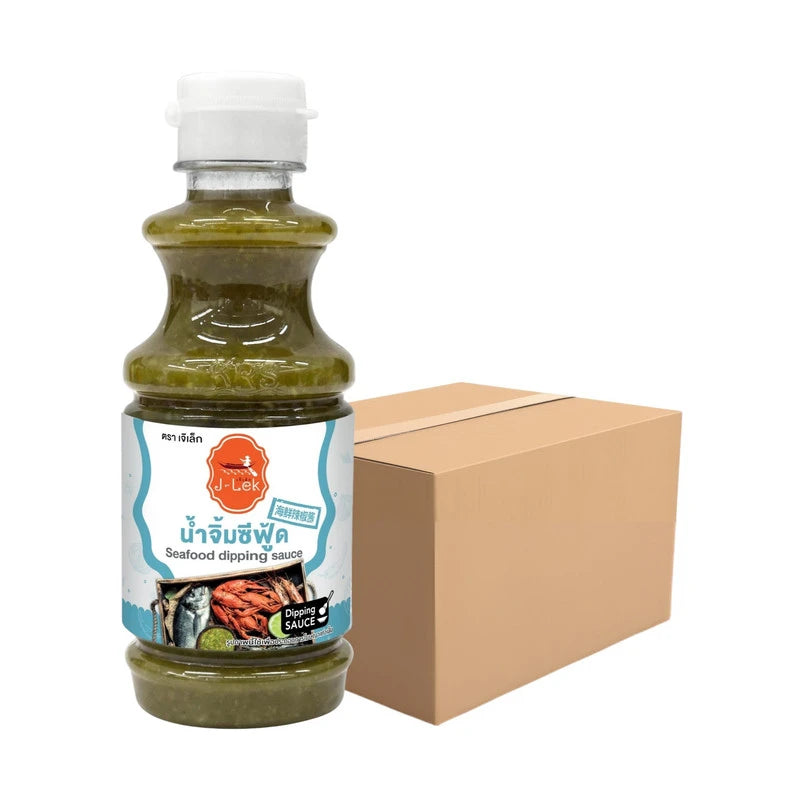 J-LEK Seafood Dipping Sauce 250g bottles, pack of 12, with vibrant label and transparent bottle showing dark sauce inside.