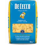 De Cecco Galletti #44 pasta in a clear bowl, showcasing the small, crunchy Italian pasta shape with a golden color.