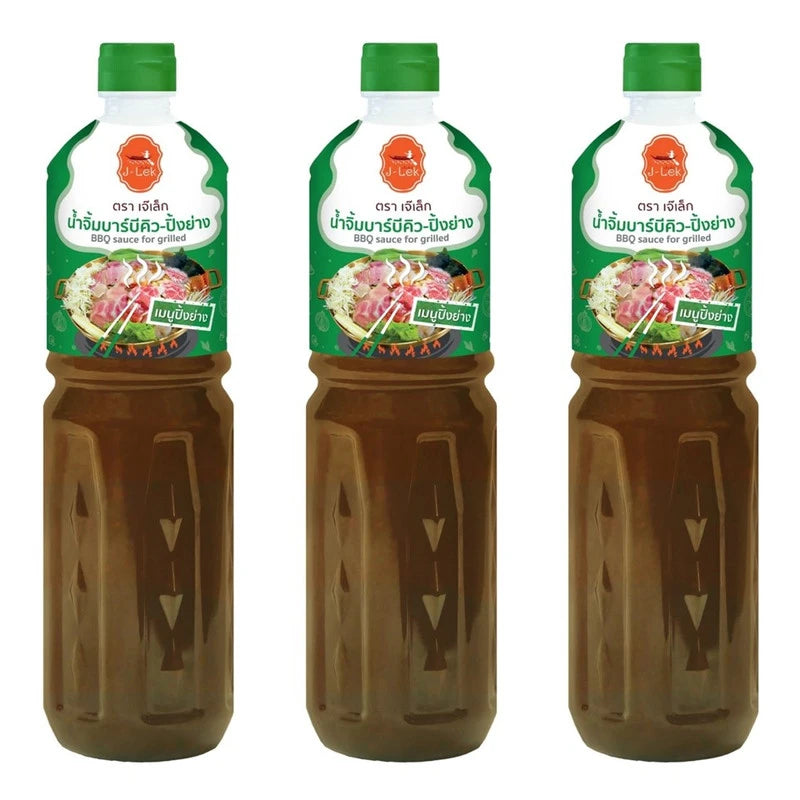 J-LEK Barbecue Dipping Sauce bottles, 1000g each, in a pack of three, with a rich, savory appearance and label details visible.
