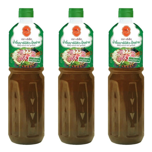 J-LEK Barbecue Dipping Sauce bottles, 1000g each, in a pack of three, with a rich, savory appearance and label details visible.