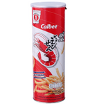 Calbee Ebisen Original confectionery snacks in a clear bowl, showing crispy shrimp-flavored snack sticks.