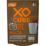Xo Cube Freeze Dried Coffee Mocca drink in a glass, showcasing rich coffee and mocha flavors with ice cubes and a straw.