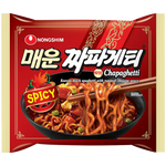 Nong Shim Spicy Chapaghetti instant noodle package with spicy ramen noodles and colorful packaging.