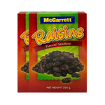 Mcgarrett Black Raisins 200g in a clear package, showing glossy, dark dried grapes for baking and snacking.