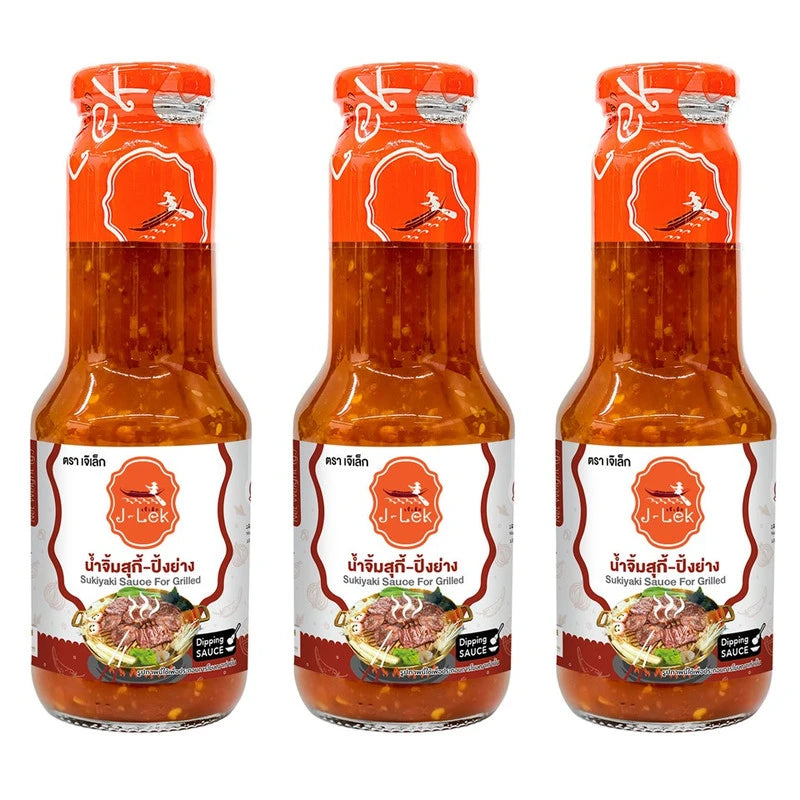 Three bottles of J-LEK Suki BBQ Dipping Sauce, 350g each, with labels showing the spicy and savory sauce inside.