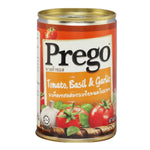 Jar of Prego Tomato Basil Garlic pasta sauce with fresh basil, garlic, and tomatoes in a glass jar.
