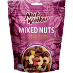 Assorted Nut Walker mixed nuts and dried fruits in a clear bowl, showcasing a colorful blend of healthy confectionery snacks.