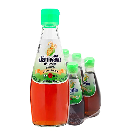 Squid Brand Fish Sauce 300ml bottle, showcasing the clear liquid and label, ideal for Asian cooking and flavorful dishes