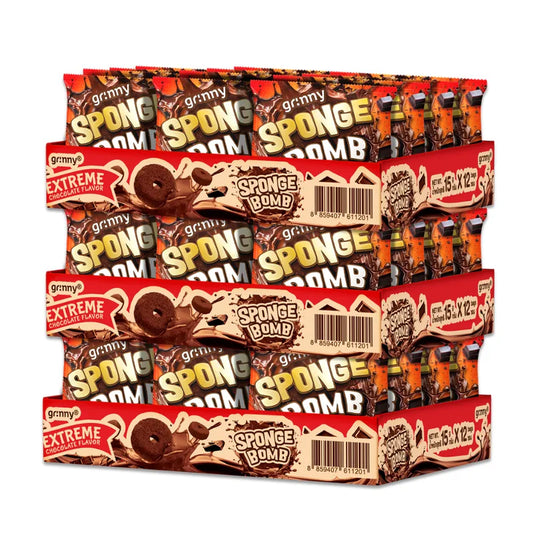 Grinny Sponge Bomb Snack Extreme Chocolate flavor pack with 12 pieces, 15g each, shown in a colorful packaging image.