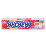 Morinaga Hi Chew Strawberry candy bites in colorful packaging, showcasing the fruity strawberry-flavored confectionery snack.