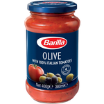 Jar of Barilla Olive Pasta Sauce with visible olives and tomato sauce, showcasing the Italian brand's rich, flavorful pasta topping