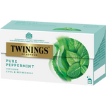 Twinings Peppermint Tea drink in a clear glass with fresh peppermint leaves, highlighting the refreshing herbal beverage.