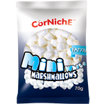 Corniche Mini White Marshmallows, soft confectionery snacks with small, fluffy white marshmallows on a plain background