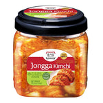 Jongga Kimchi 1kg jar of traditional Korean fermented spicy cabbage in a clear glass jar, ready for cooking or serving.