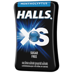 Halls XS Mentholyptus candy in colorful packaging, small confectionery snack with menthol flavor and soothing mentholyptus aroma.