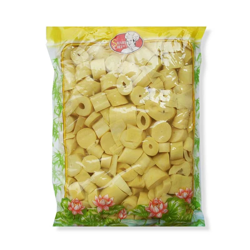 Smart Chef diced young bamboo shoot in 900g package, showcasing fresh, sliced bamboo shoots in a clear container.