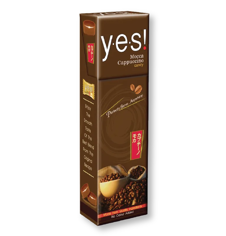 YES! Candy Mocha Cappuccino 36g packet showing the chocolate candy with mocha flavor and coffee accents.
