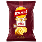 Walkers Smoked Bacon Potato Crisps in a bag, showing the crispy texture and smoky flavor of the snack.