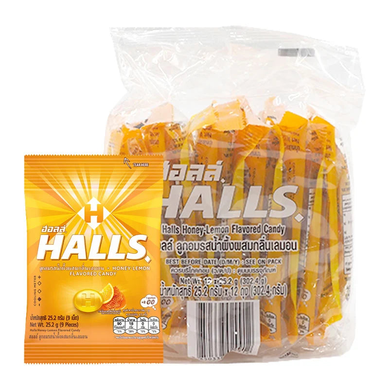 HALLS Honey Lemon cough drops in a box, showing 9 pieces per pack, with lemon and honey flavor branding.