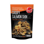 Crispy fried salmon skin snack with Tom Yum Goong flavor in 72g package, by O-YUA, showing golden, crunchy fish skin pieces