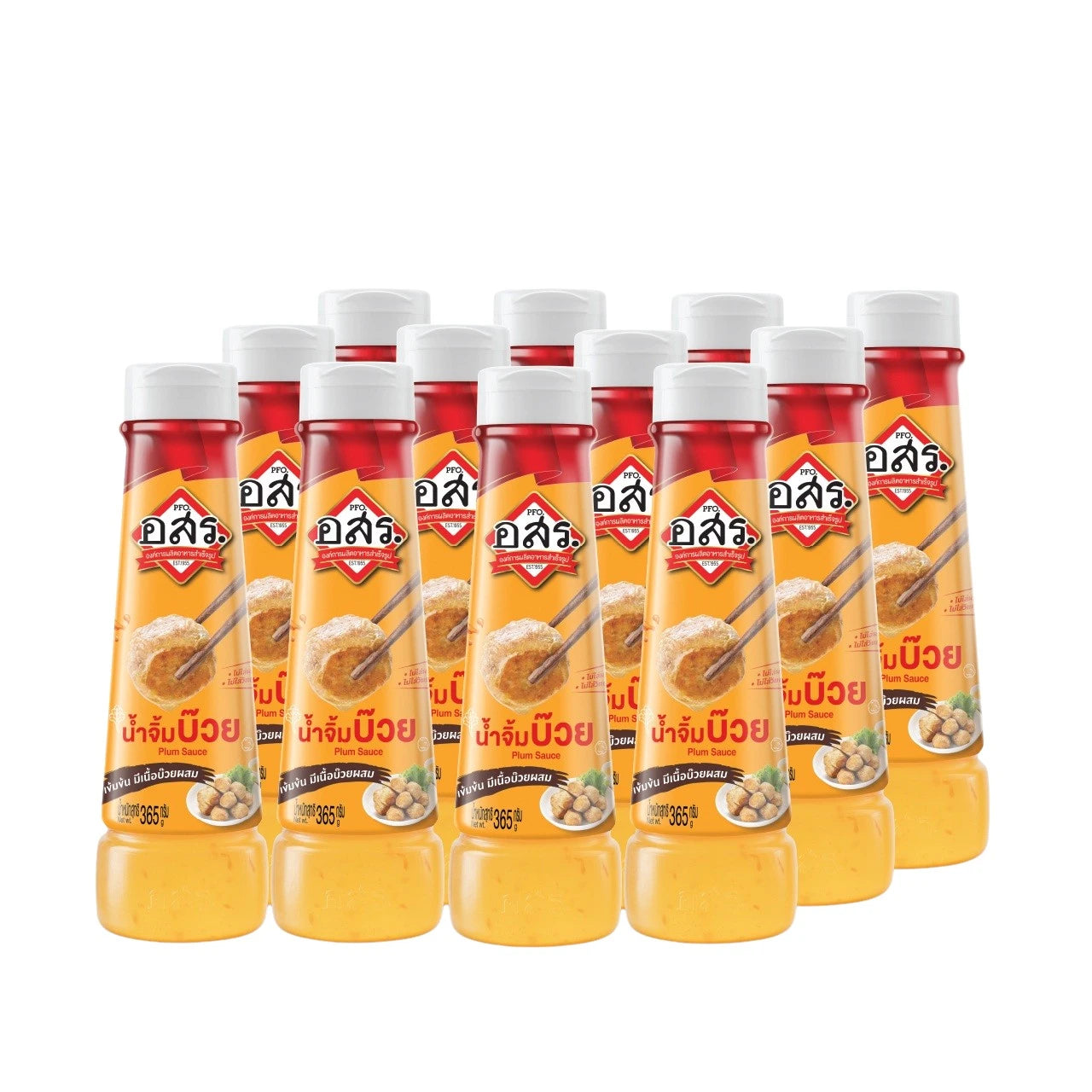 Aor Sor Ror Plum Sauce 365g bottles, showing 12 bottles with dark plum sauce in clear glass containers.