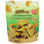Siritip Gourami Fish Fillet confectionery snack in clear packaging, showing the crispy, golden-brown fish fillet ready to eat.