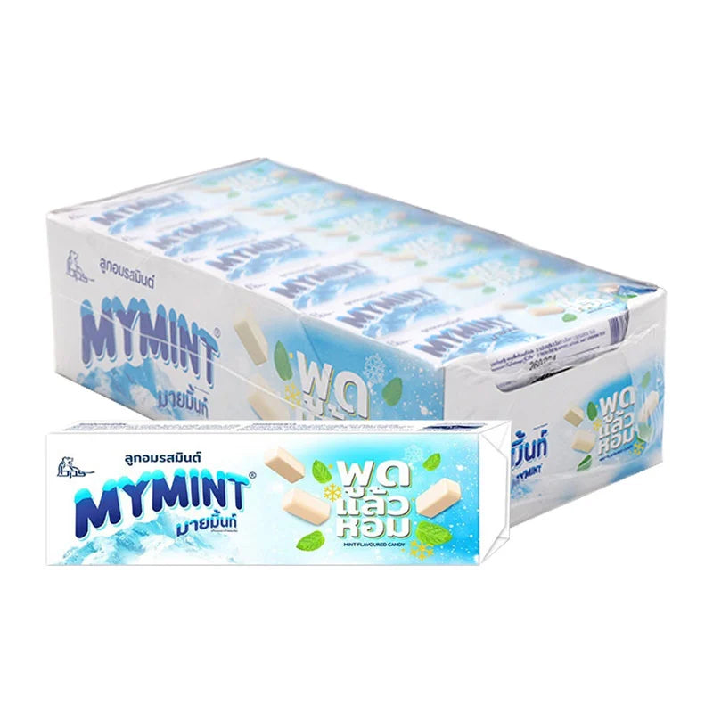 Assorted MYMINT Soft Candy Mints in a 32g pack, featuring 24 colorful mint candies in clear packaging.