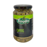Jar of Fragata capers in brine, 335g, showing the jar filled with small green capers submerged in brine.