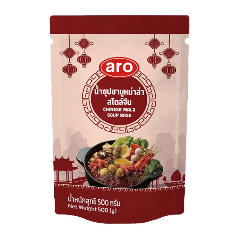 ARO Mala Shabu Soup 500g package showing the colorful spicy broth and ingredients in a clear bowl.