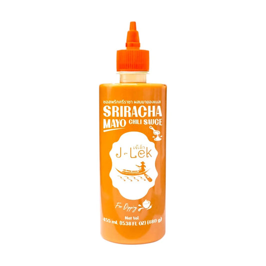 J-LEK Sriracha Chili Sauce mixed with Mayonnaise in a 480g jar, showing the spicy and creamy condiment with a vibrant red sauce.