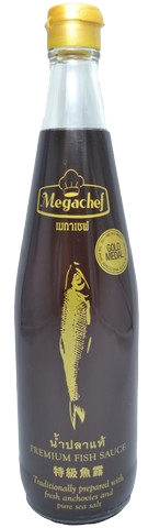 Bottle of Megachef Premium Fish Sauce for cooking, featuring clear label and dark liquid inside, used as a flavorful condiment.
