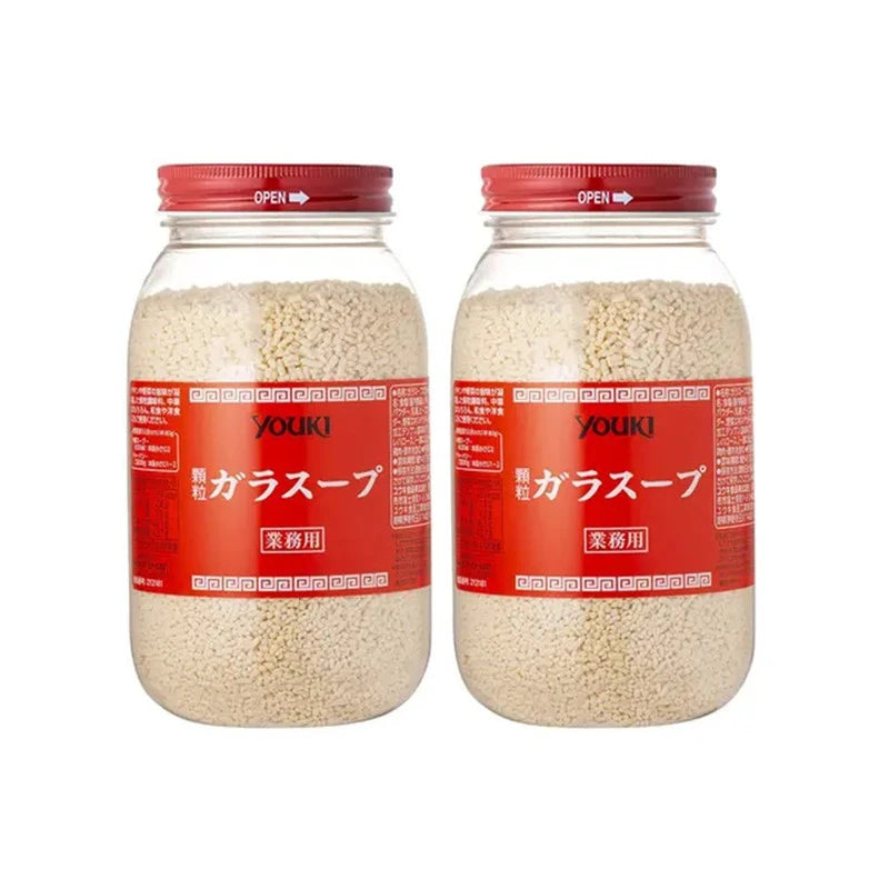 YOUKI Granule Chicken Soup Stock with chicken and beef extracts, 500g bottles, showing the product packaging and granules.