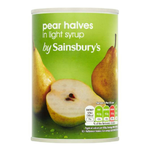 Canned Sainsbury's Pear Halves in light syrup in a white bowl, ready to serve, with the product label visible in the background.