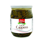 ROBO Robo Caper Flower Buds in vinegar, 530g jar showing fresh flower buds and vinegar liquid in a clear container.