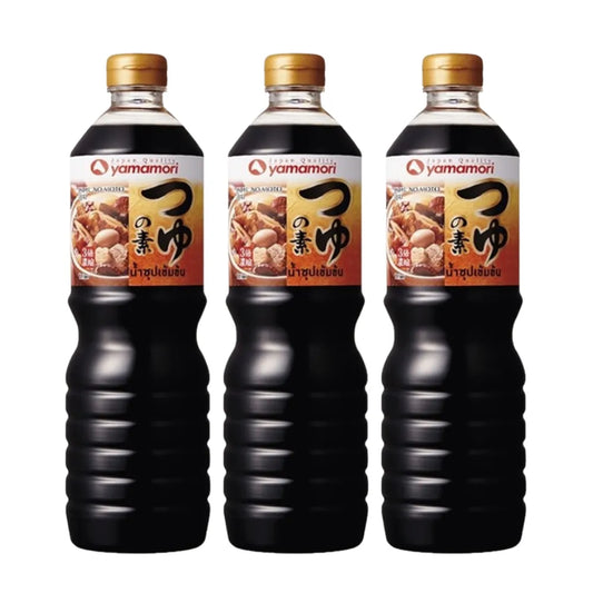 YAMAMORI Concentrated Oden Soup packs, 1-liter each, featuring Japanese-style oden broth in three packs with clear, sealed packaging.