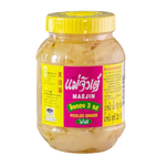 Fresh slices of Khun Mae Ju Pickled Ginger in a clear jar, showcasing its bright, pale pink color and thin, even cut pieces.
