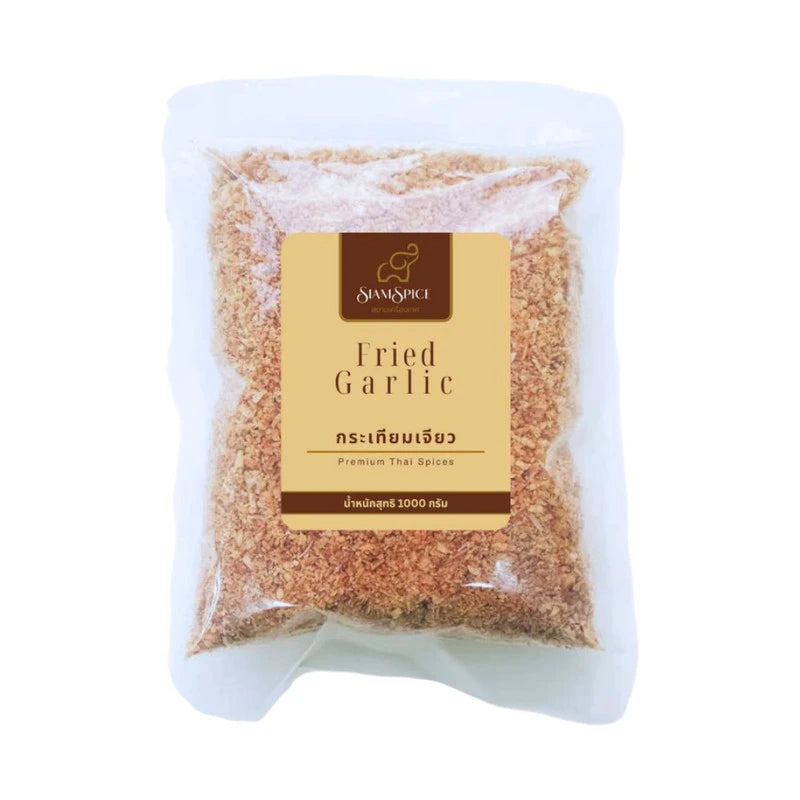 SiamSpice Fried Garlic in a large 1000g package, showing golden crispy garlic cloves ready for culinary use