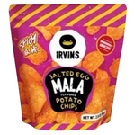Irvins Spicy Salted Egg Mala Flavored Potato Chips in a colorful snack bag, showcasing crispy chips with spicy, salted egg, Mala seasoning.