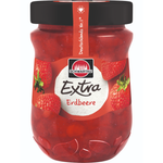 Schwartau Extra Strawberry jam jar with label showing fresh strawberries, on a white background.