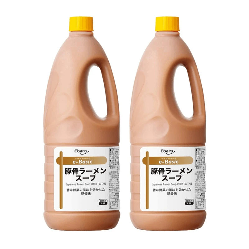 EBARA e-Basic Tonkotsu Pork Paitan Ramen Soup bottles, Japanese-made, 1.8L x 2, featuring creamy pork broth in clear bottles