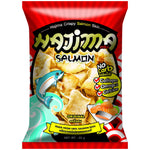 Hajima Salmon Skin Snack, crispy and savory confectionery snack with salmon skin texture, in a clear package.