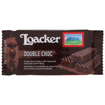 Loacker Double Choc confectionery snacks featuring chocolate-filled wafers with a crispy texture and rich chocolate coating.