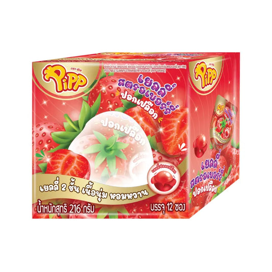 PIPP Peelable Gummy Strawberry flavor, 18g packs, 12 pieces, showing bright red gummies with strawberry aroma and peelable texture.